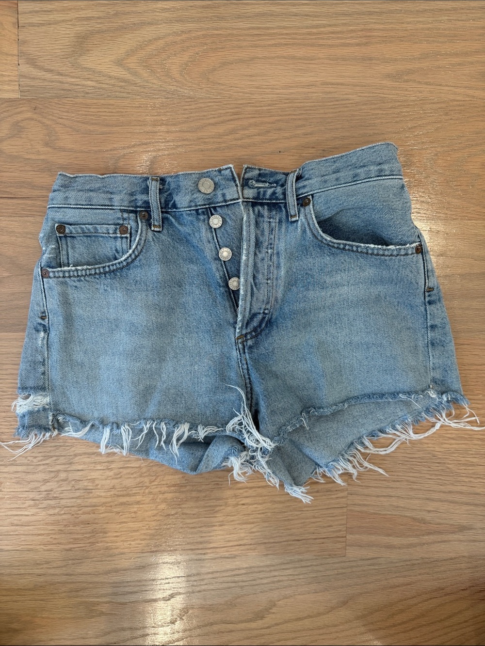 Agolde Light Blue High-Rise Distressed Denim Shorts
